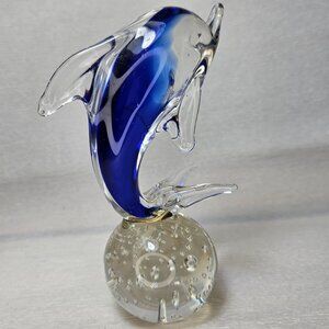 Murano Glass Dolphin Figure Cobalt Blue Clear Bubble Glass